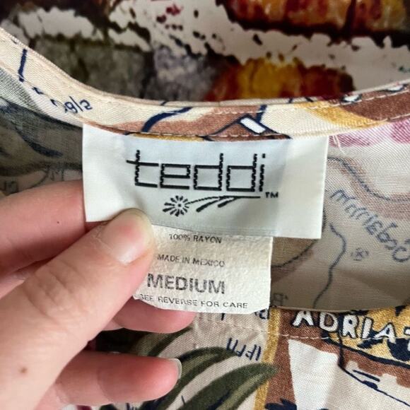 Vintage 90s Teddi Travel Vacation Theme Short Sleeve Tie Back Maxi Dress Size Me - Picture 7 of 8